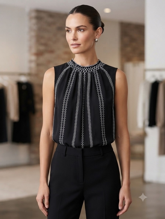 White House Black Market Tops - White House Black Market Black Sleeveless Mock-Neck Blouse with White Stitching